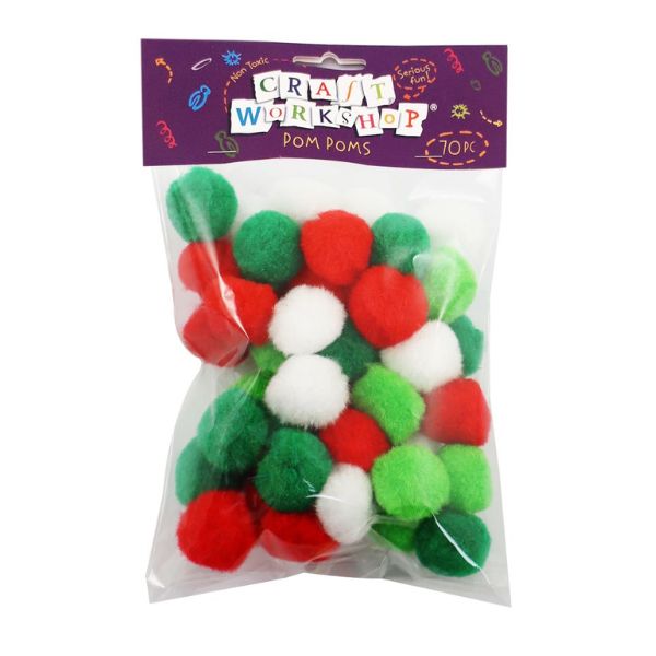 Craft Pom Poms Red+Green+White 30mm x 70pcs image 0