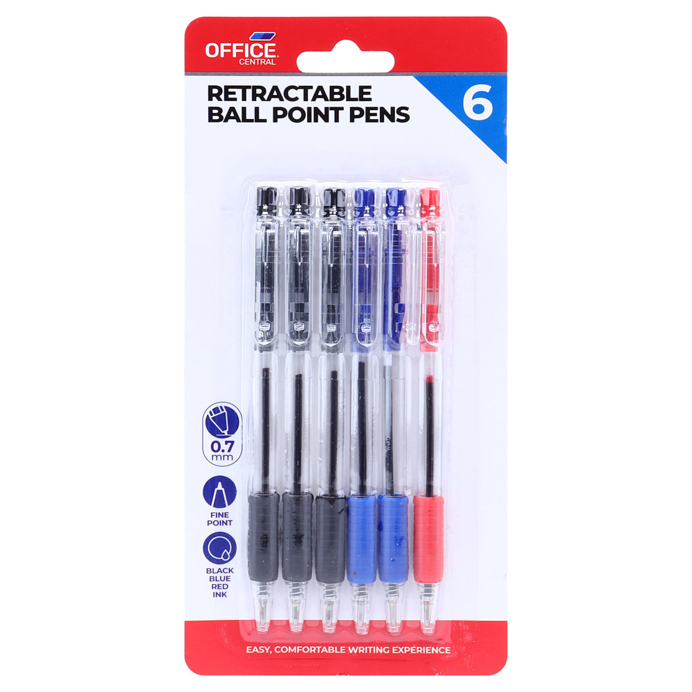 Retractable Pens 6pk – Black, Blue & Red