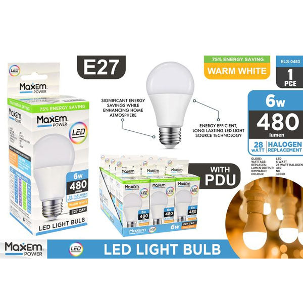 1pce Bulb 6W LED Light Warm White E27 image 0