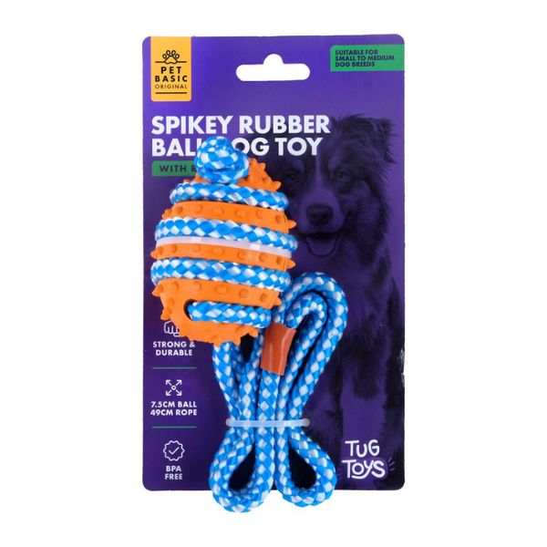 Dog Rubber Spiked Ball Toy With Rope 7.5 x 5.5 (Rope 49cm) image 0