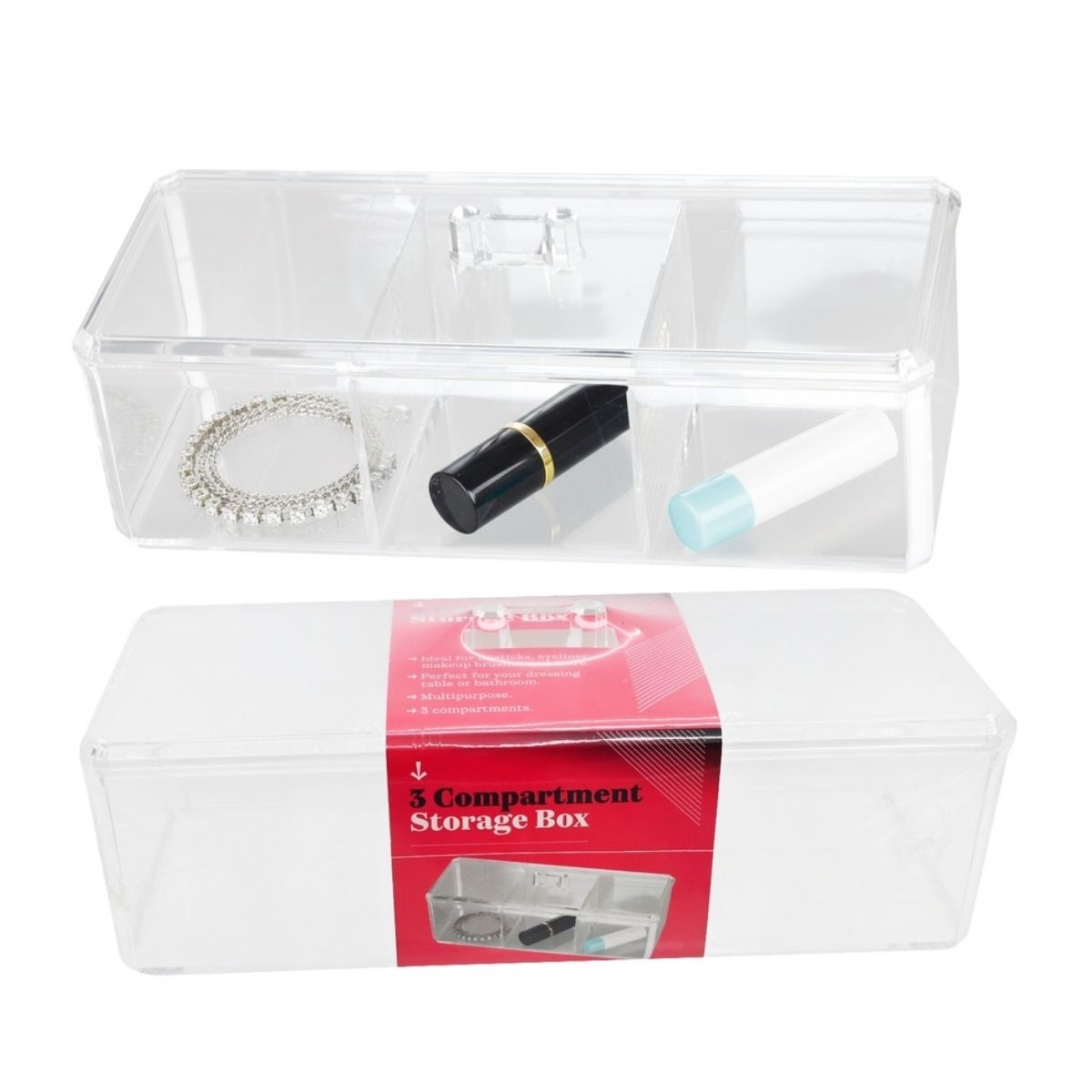 3 Compartment Storage Box with Lid 22.8 x 9.5 x 8.3cm