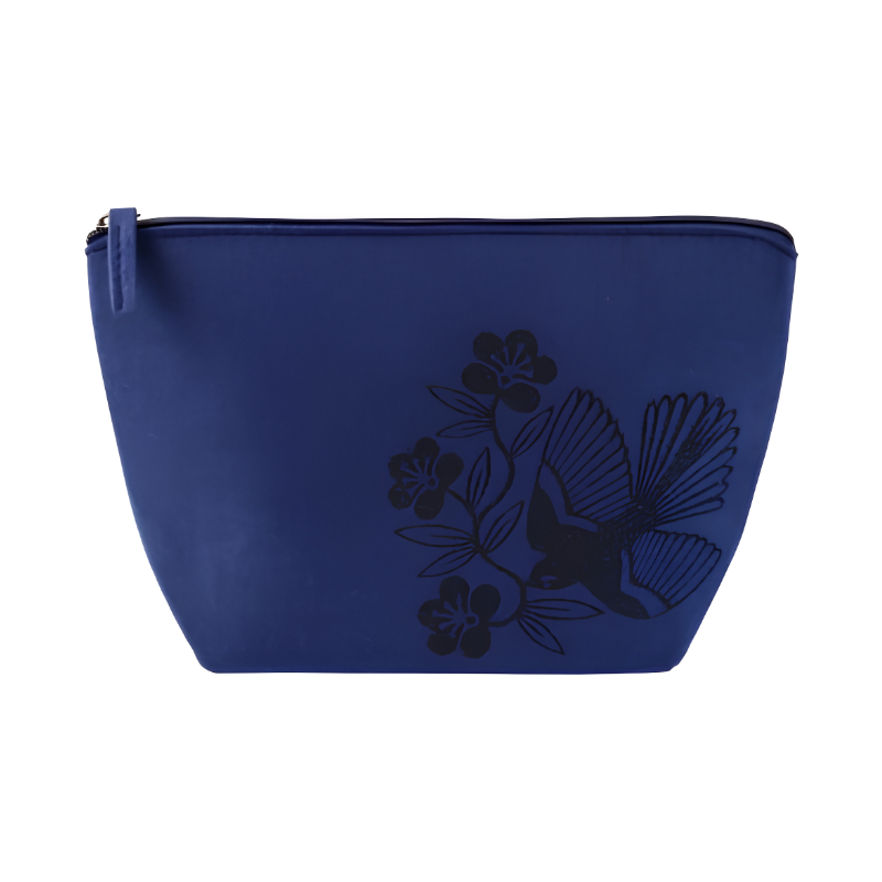 NZ Fantail accessory bag made from RPET felt in dark brown navy blue and light grey