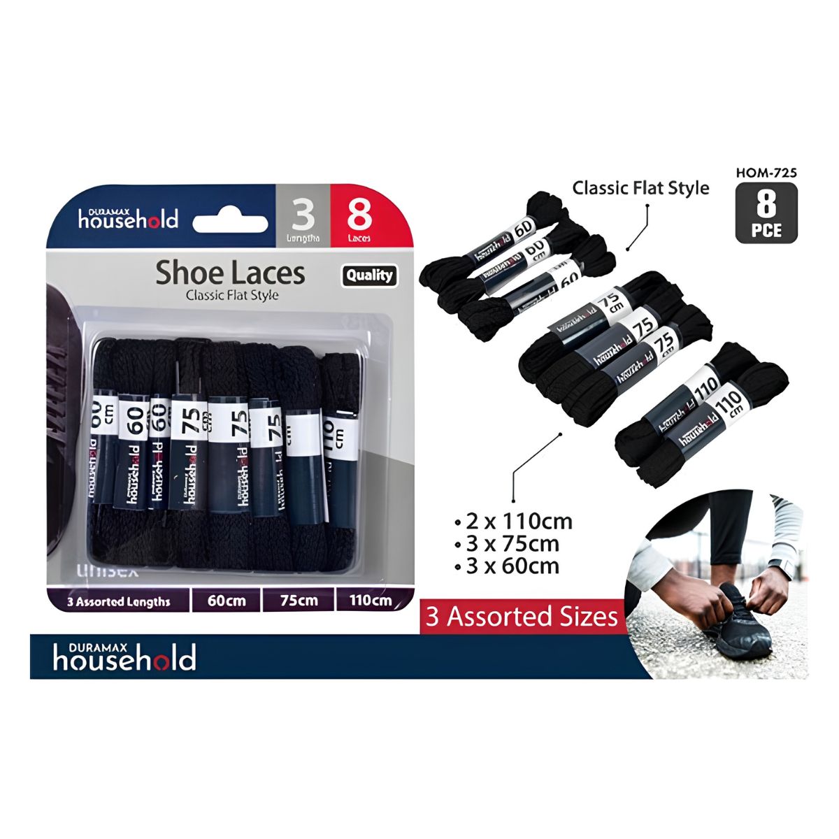 Black Flat Shoelaces 8 Piece Pack – Assorted Lengths 60cm, 75cm & 110cm