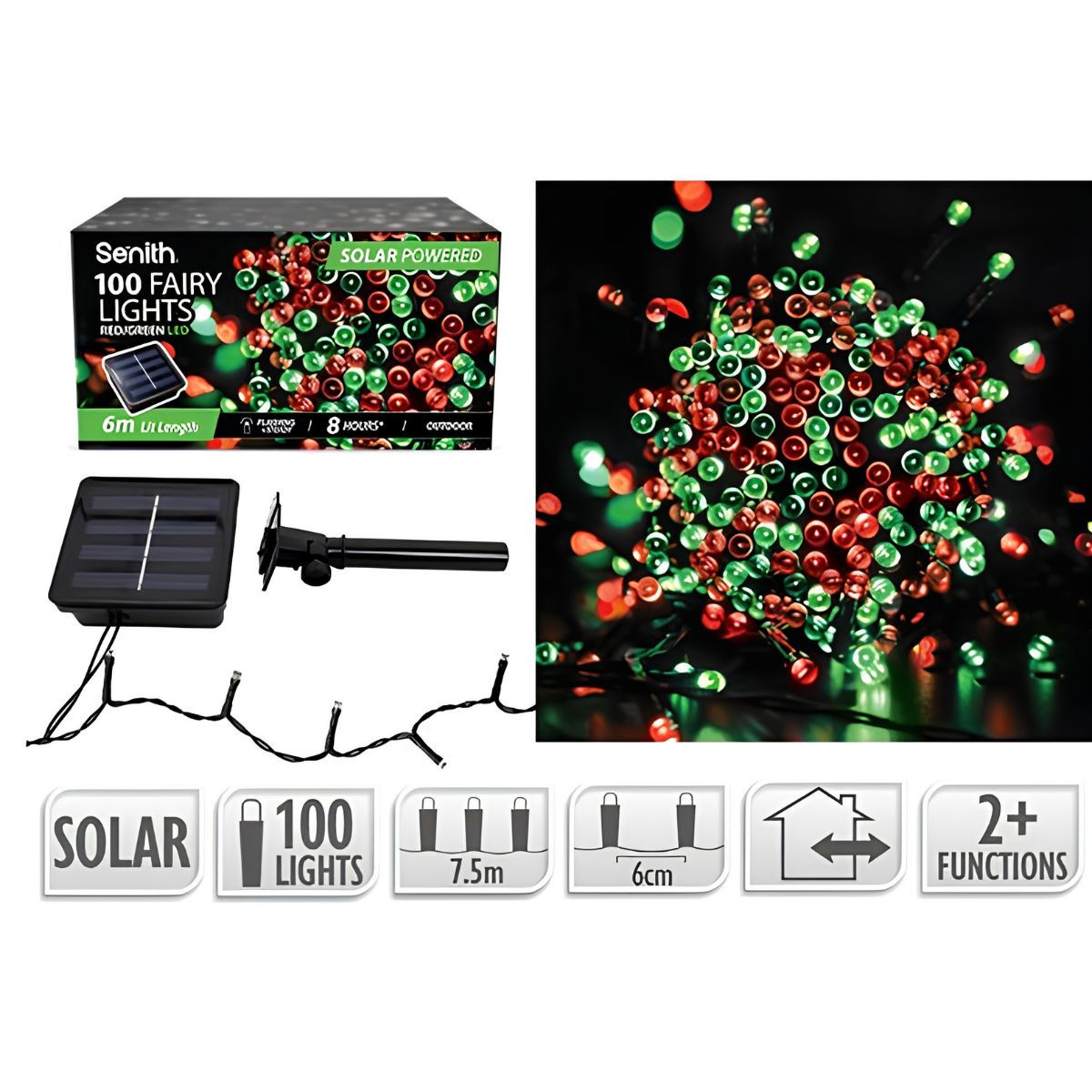 100 LED Solar Fairy Lights 7.5m - Red & Green (2 Functions)