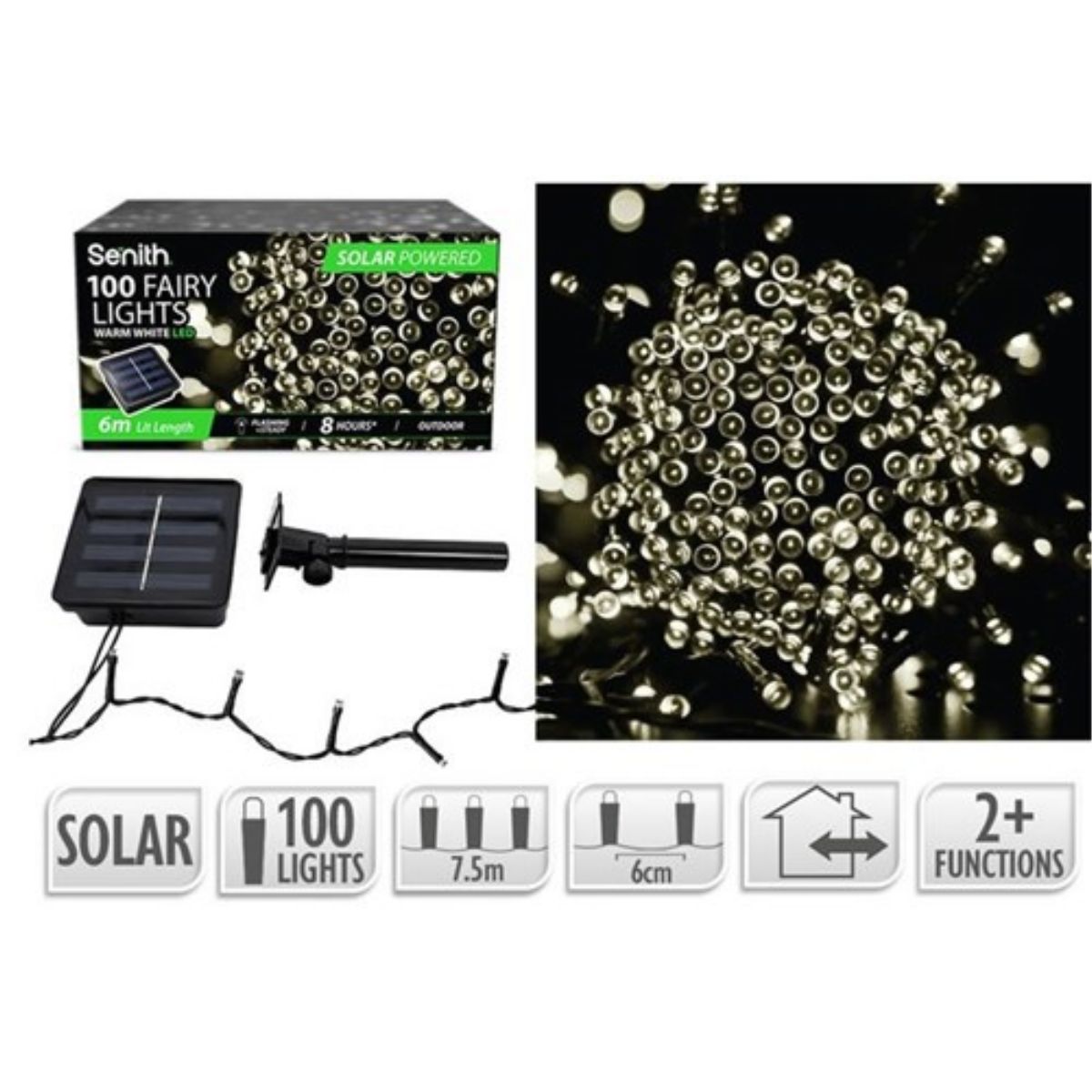 100 LED Solar Fairy Lights 7.5m - Warm White (2 Functions)