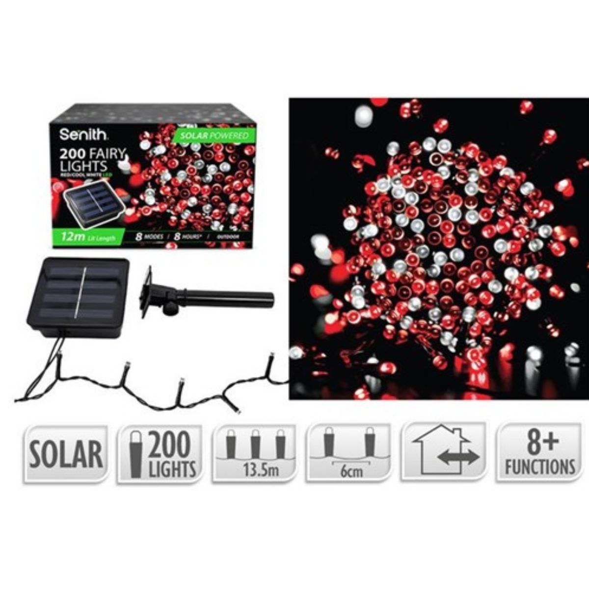 200 LED Solar Fairy Lights 13.5m - Red & Green (8 Functions)