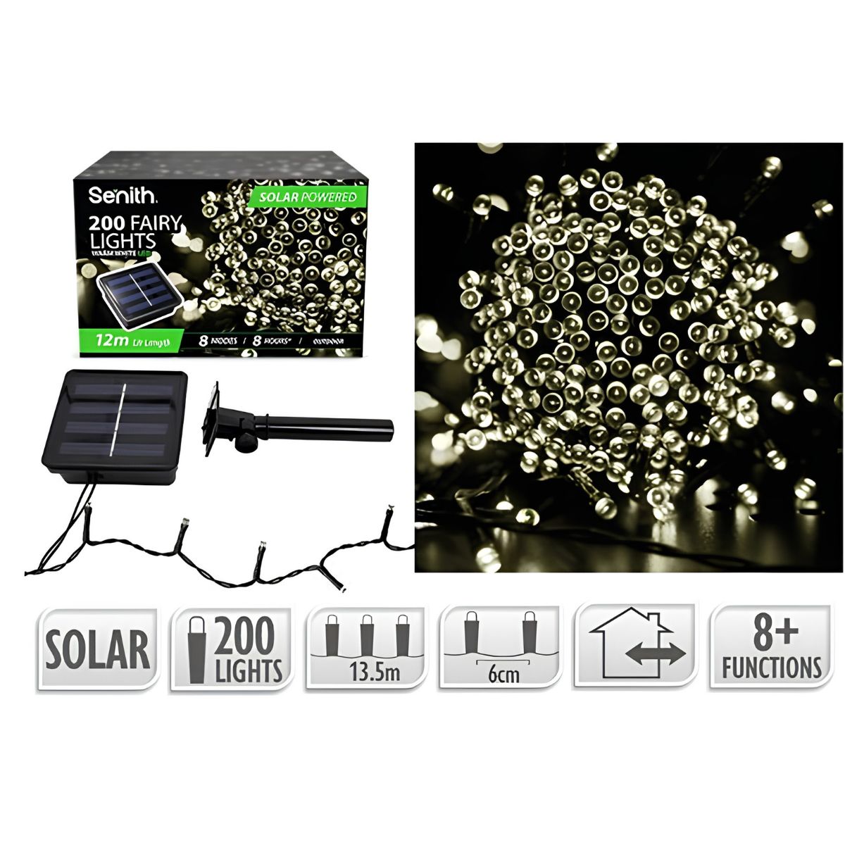 200 LED Solar Fairy Lights 13.5m - Warm White (8 Functions)