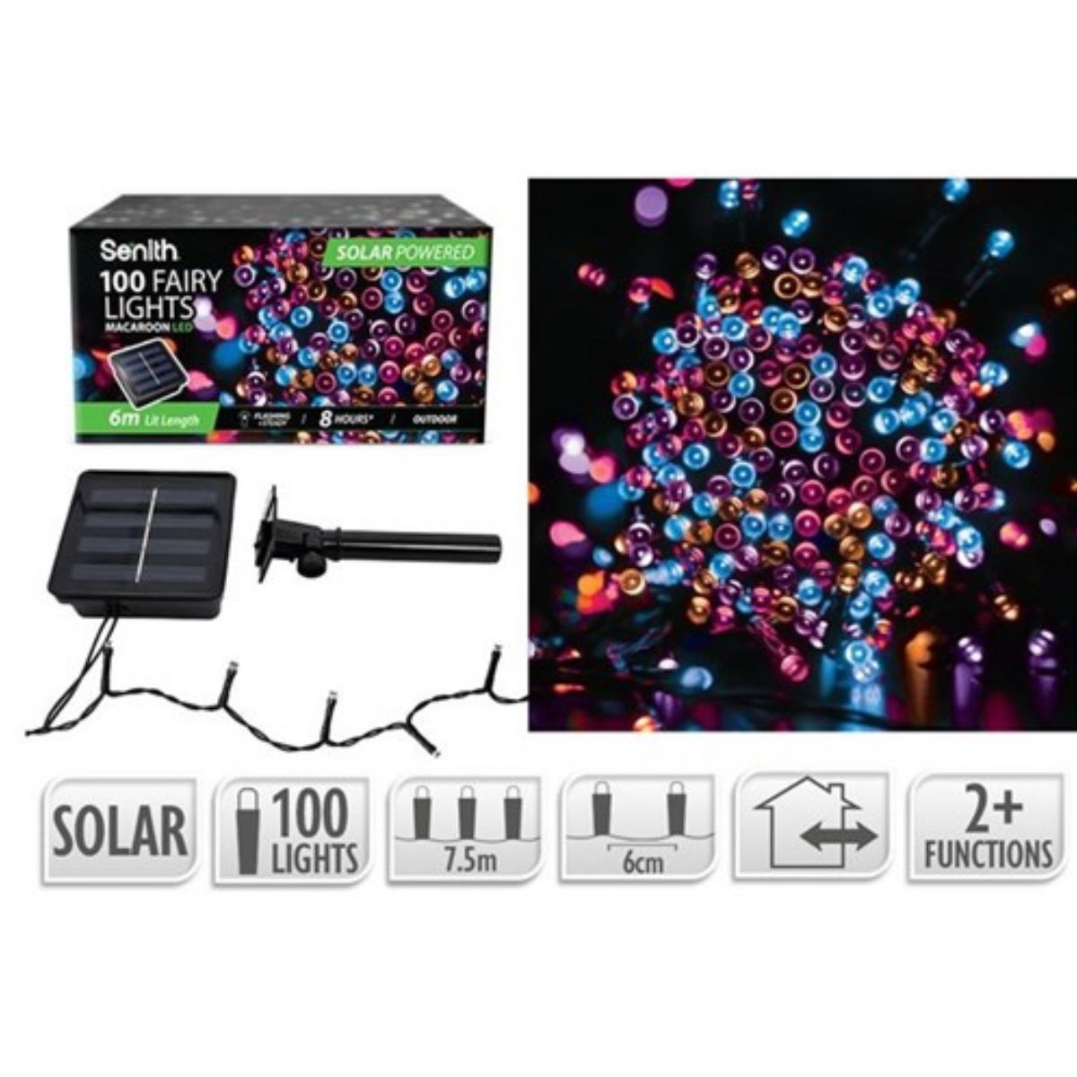 100 LED Solar Fairy Lights 7.5m - Macaroon (2 Functions)