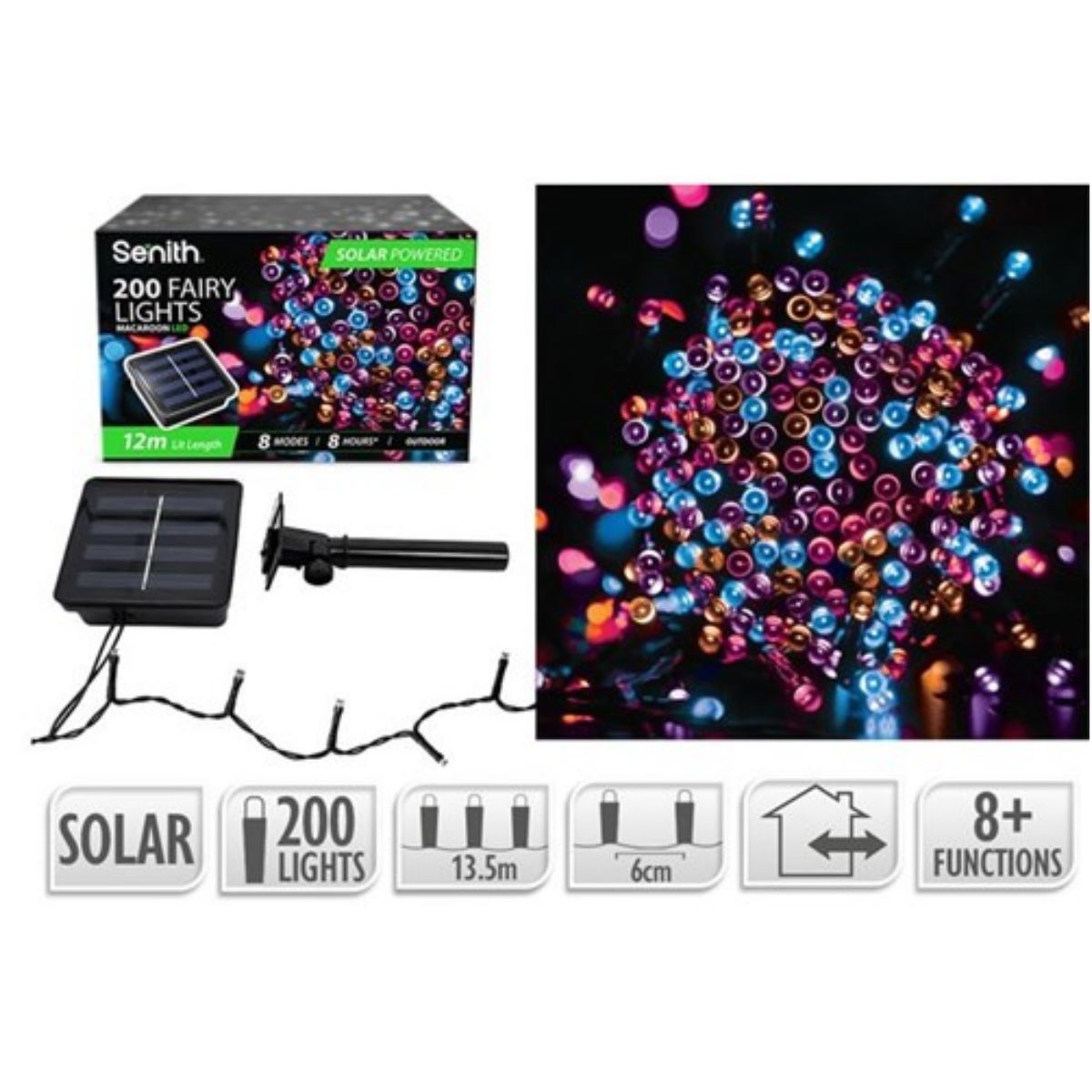 200 LED Solar Fairy Lights 13.5m - Macaroon (8 Functions)