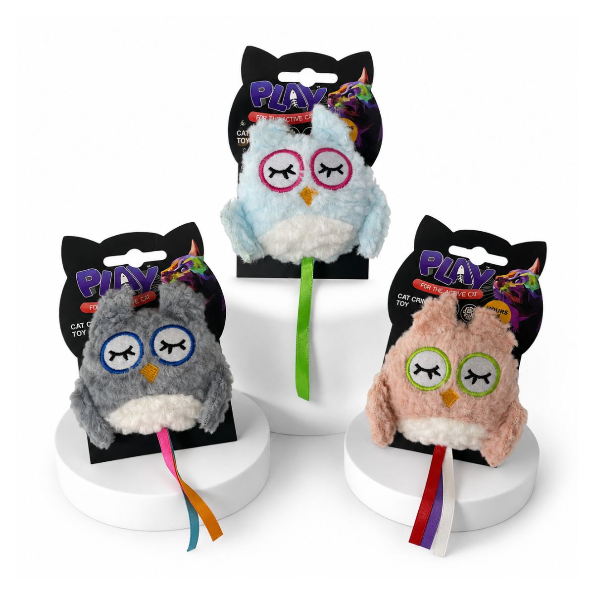 Cat Crinkle Owl with Ribbon Toy 10cm – 3 Assorted Designs