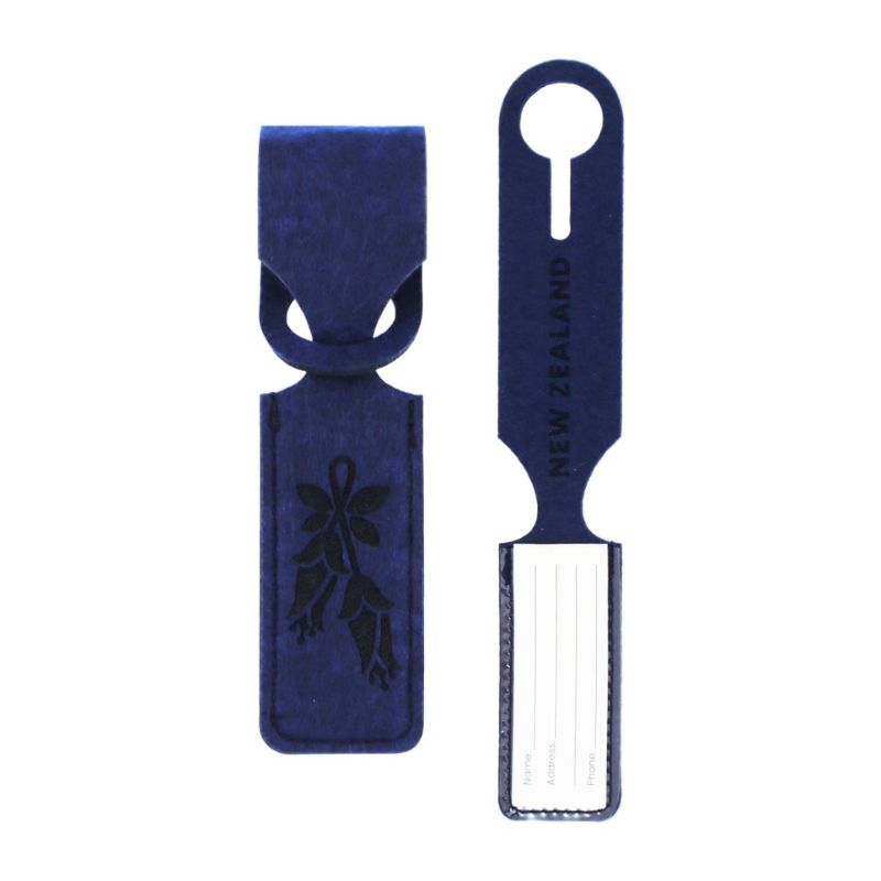 NZ felt luggage tag made from recycled PET felt featuring Tiki Kowhai and Fern designs