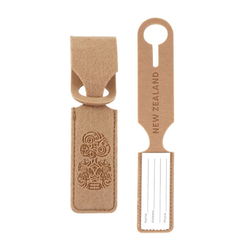 NZ felt luggage tag made from recycled PET felt featuring Tiki Kowhai and Fern designs