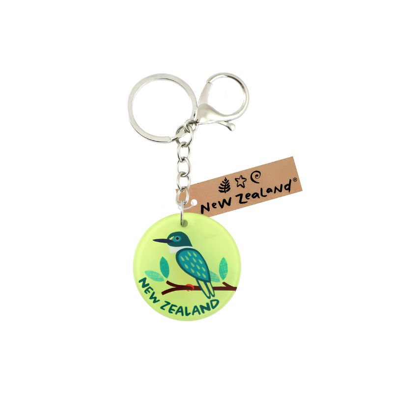 New Zealand wildlife keyring with clip 45mm featuring Pukeko Tui Fantail Kakapo Kingfisher and Kiwi designs