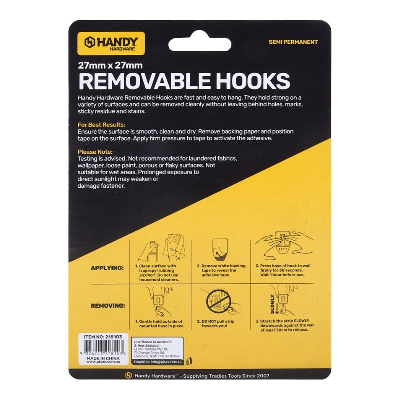 Removable Hooks Square Plastic 27mm x 27mm 6pk (Holding Weight 500g)