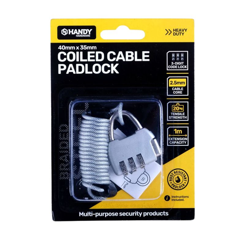 Padlock 3-Digit Combination With 2.5mm Coiled Braided Steel Cable 1m