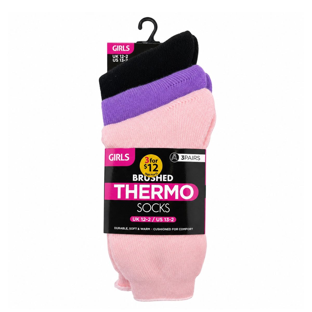3 Pair Girls Brushed Thermal Socks – UK 12-2 / US 13-2