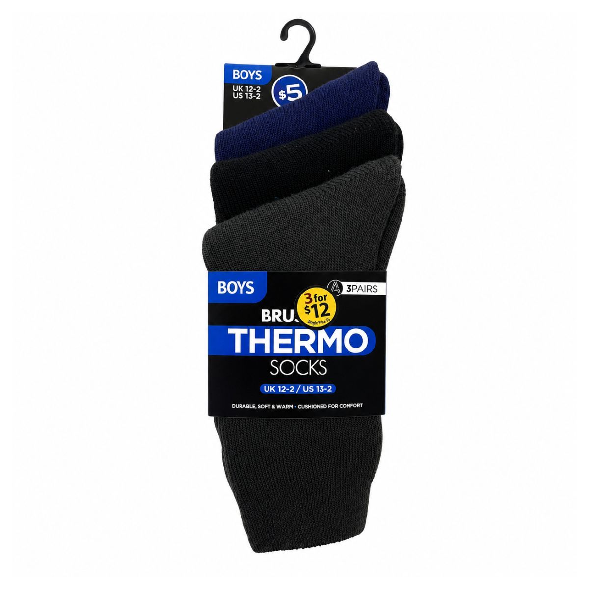 3 Pair Boys Brushed Thermal Socks – UK 12-2 / US 13-2