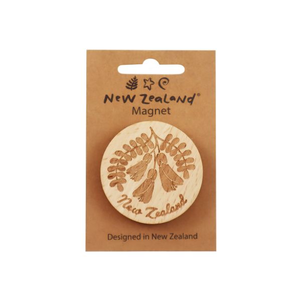 New Zealand wooden beech wood magnet featuring Kowhai Fern Fantail and Pohutukawa designs