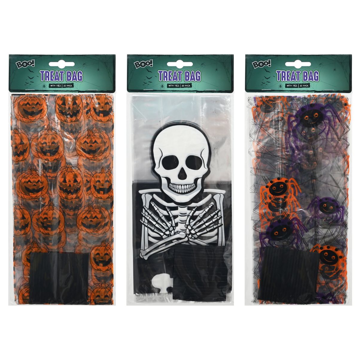 Halloween Transparent Treat Bags With Ties 27cm 20pk Asst