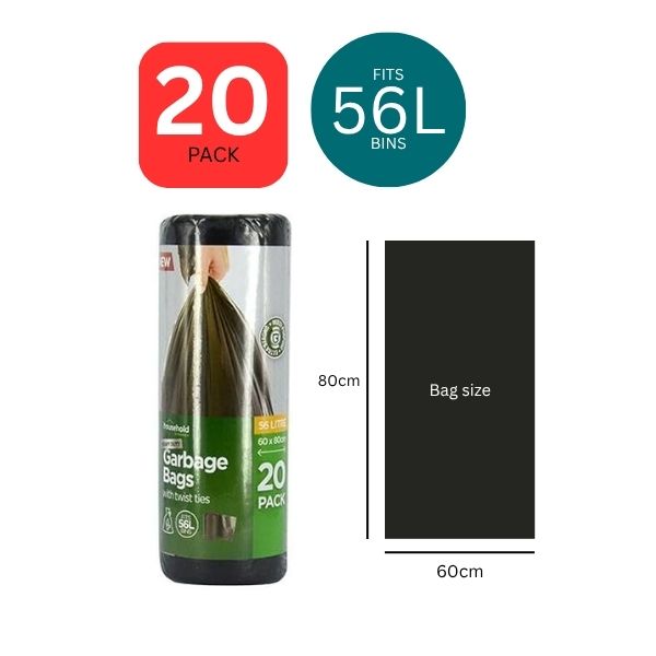 20pce Garbage Bags w/Ties 60x80cm 56L image 0