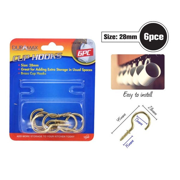 6pce Cup Hooks-28mm-Brass image 0