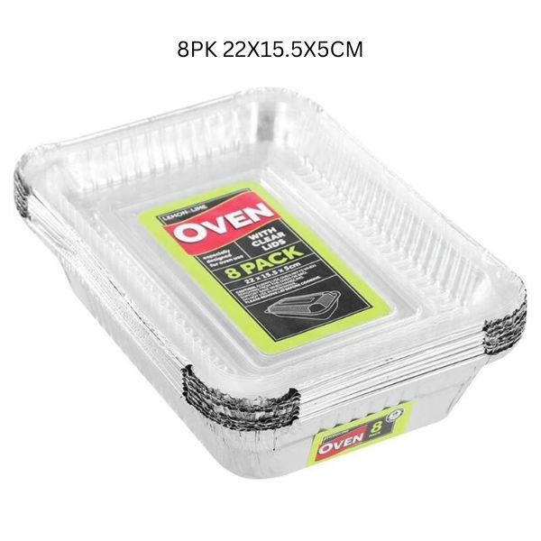 FOIL TRAY W/ PLASTIC LID 8PK 22X15.5X5CM image 0