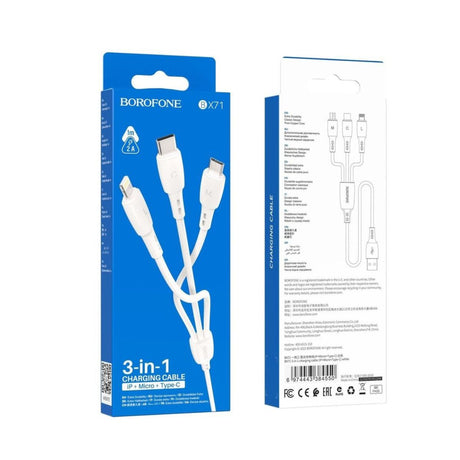 Borofone 3-in-1 charging cable packaging with blue and white design.