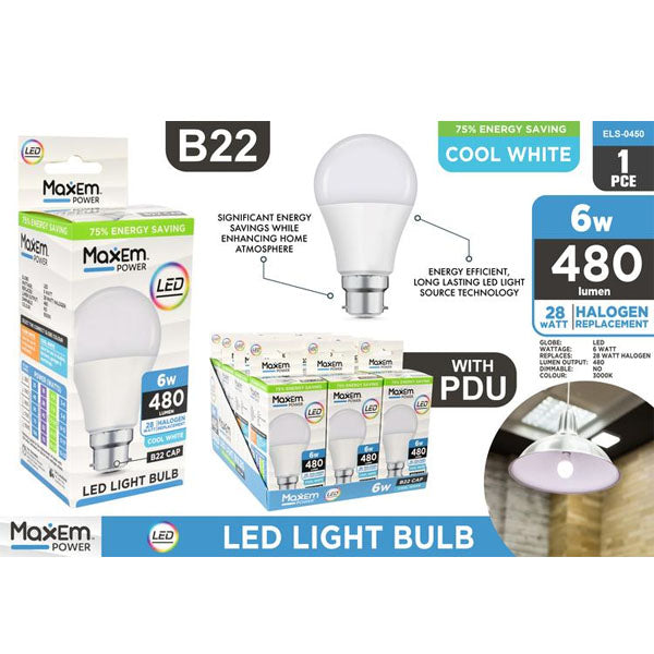 1pce Bulb 6W LED Light Cool White B22 image 0