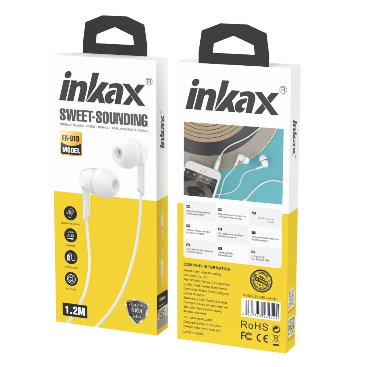 Inkax Half In-ear Wired Headphones AE-01D AUX 1.2m White