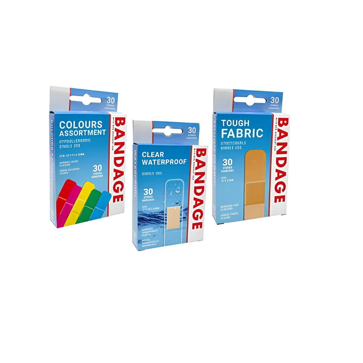 Bandages 30 Pack 3 Assorted