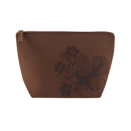 NZ Fantail accessory bag made from RPET felt in dark brown navy blue and light grey