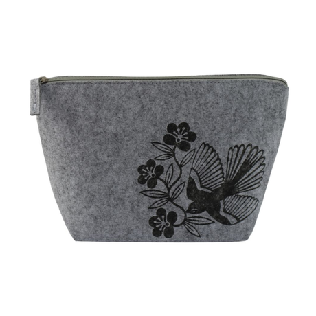 NZ Fantail accessory bag made from RPET felt in dark brown navy blue and light grey
