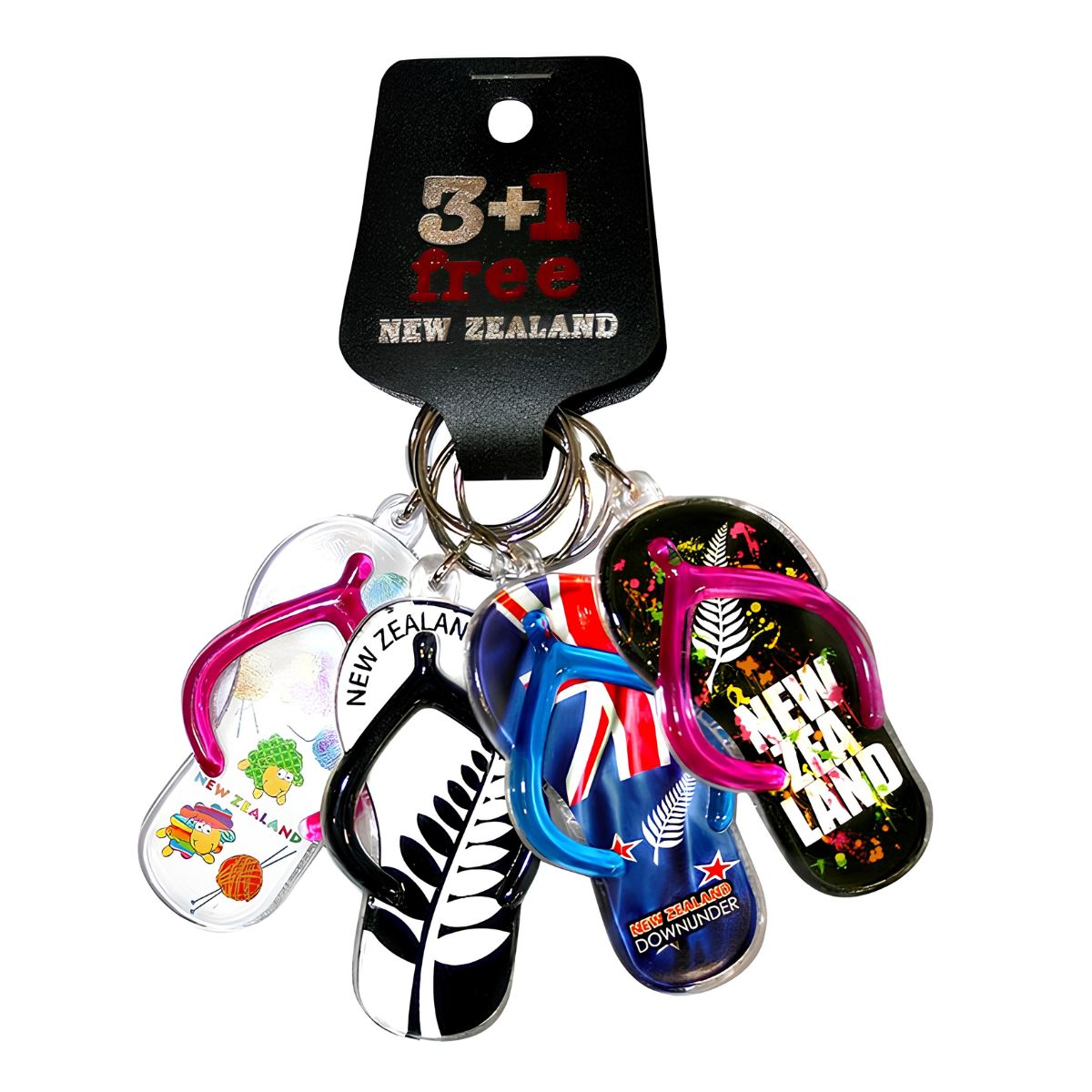 Acrylic jandals keychains 4 pack with assorted New Zealand fern designs