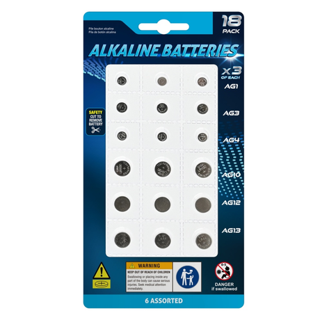 Alkaline button cell batteries 18 pack for small electronic devices