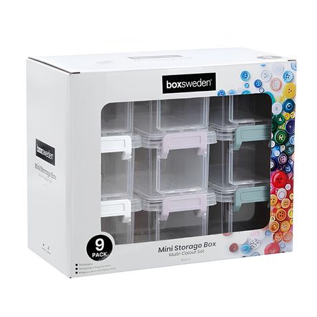 Boxsweden 9-pack mini clear storage boxes stacked with craft supplies