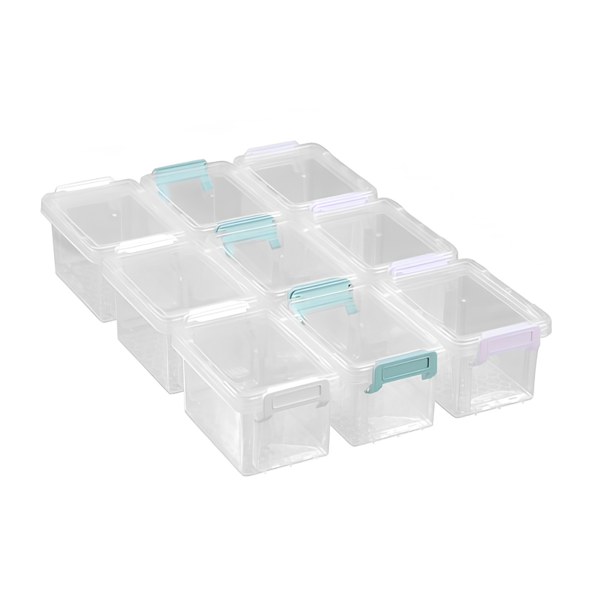 Boxsweden 9-pack mini clear storage boxes stacked with craft supplies