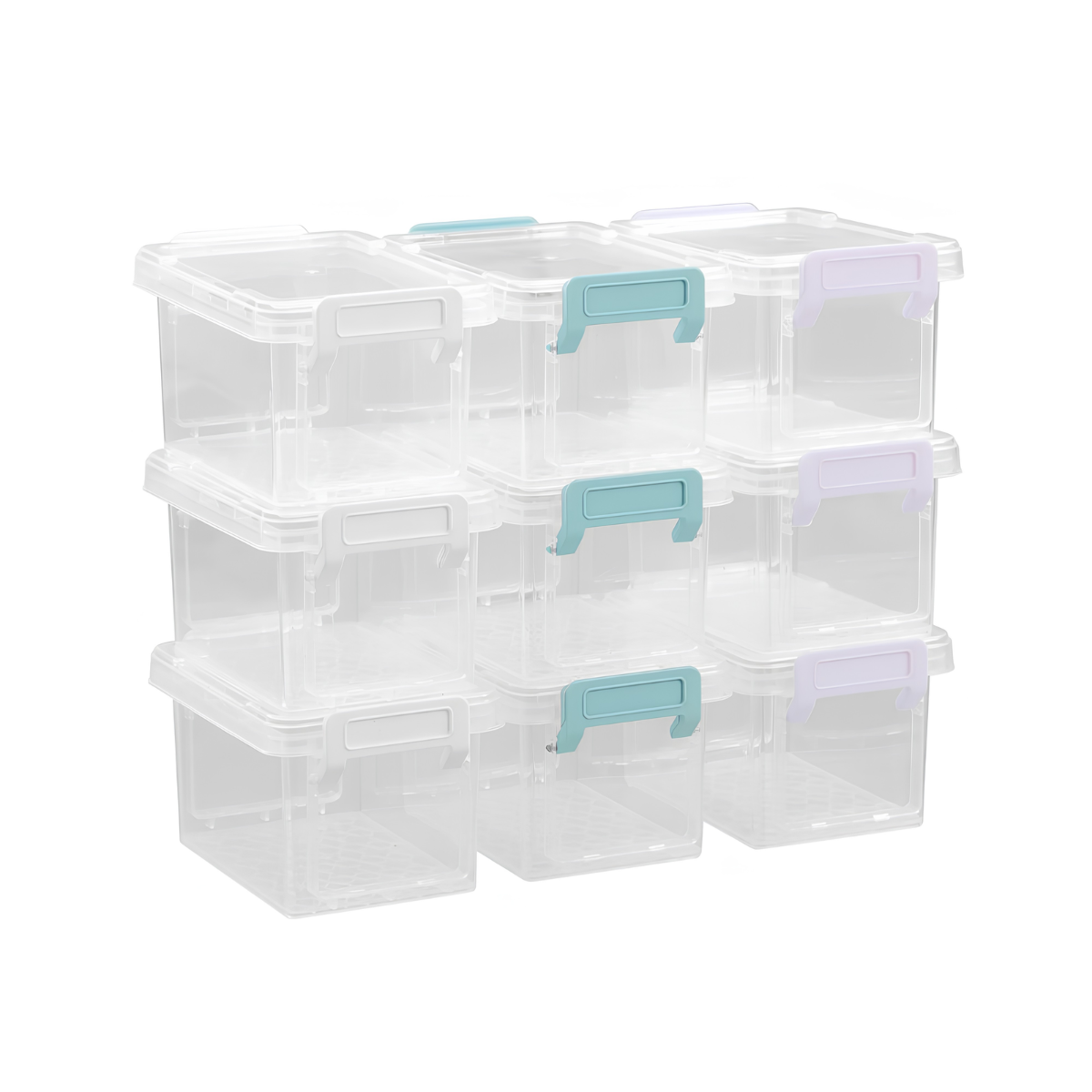 Boxsweden 9-pack mini clear storage boxes stacked with craft supplies