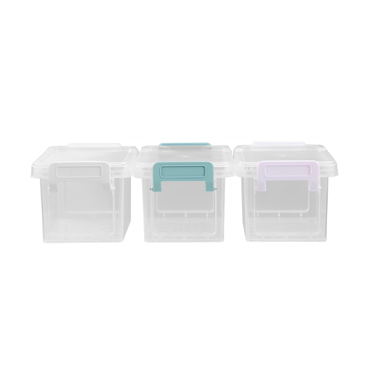 Boxsweden 9-pack mini clear storage boxes stacked with craft supplies