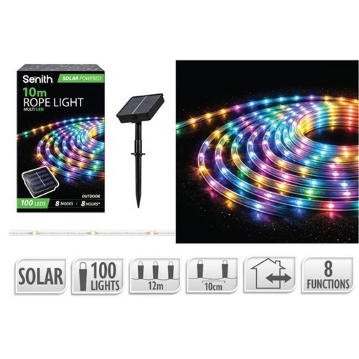 100 LED Solar Rope Light 12m - Multi Colour (8 Functions)