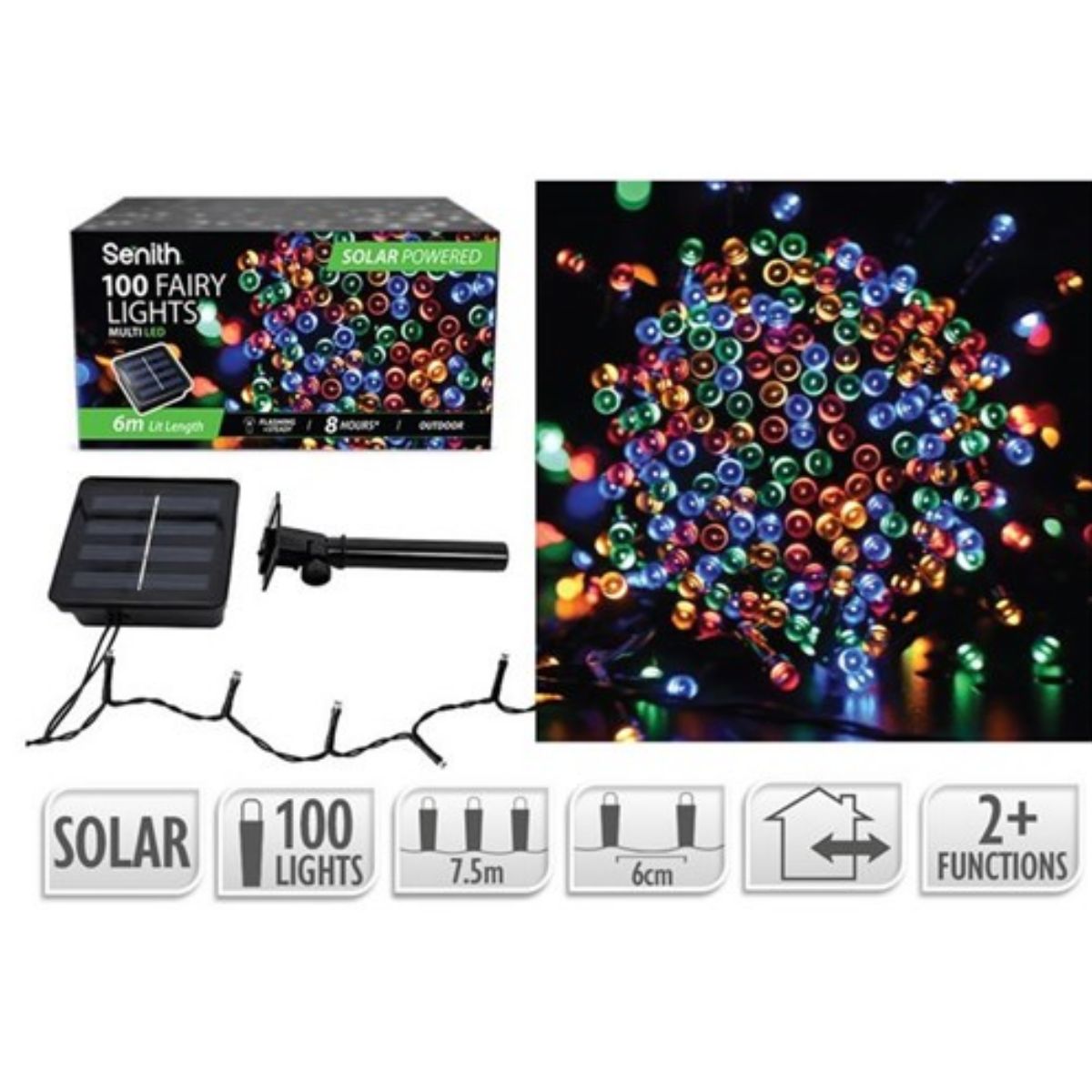 100 LED Solar Fairy Lights 7.5m - Multi Colour (2 Functions)