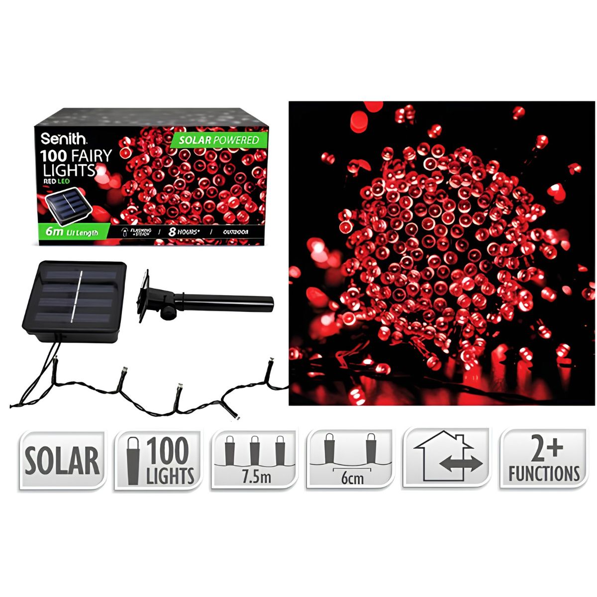100 LED Solar Fairy Lights 7.5m - Red (2 Functions)