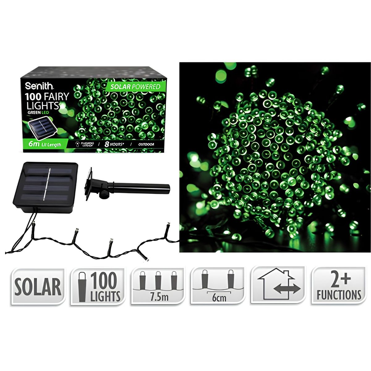 100 LED Solar Fairy Lights 7.5m - Green (2 Functions)