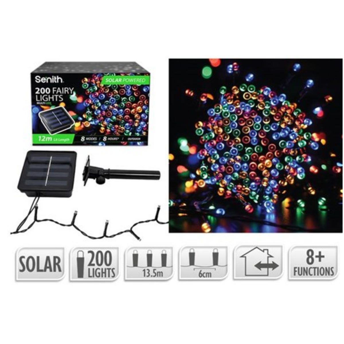 200 LED Solar Fairy Lights 13.5m - Multi Colour (8 Functions)