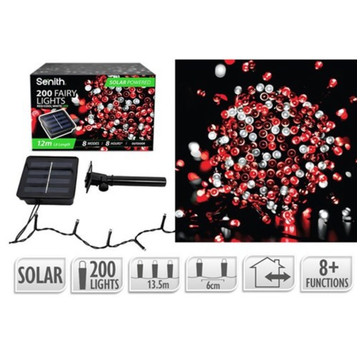 200 LED Solar Fairy Lights 13.5m - Red & Cool White (8 Functions)