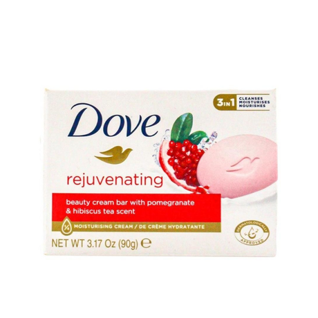DOVE 90g BEAUTY CREAM BAR REJUVENATING POMEGRANATE AND HIBISCUS TEA SCENT 3 IN 1 CLEANSES MOISTURISES NOURISHING