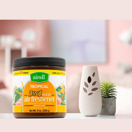 AIRALL 226g AIR FRESHENER SOLID 3 IN 1 ODOUR ELIMINATOR INFUSED WITH ESSENTIAL OILS TROPICAL