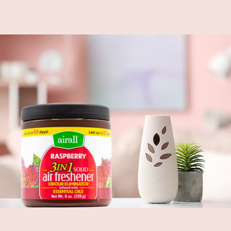 AIRALL 226g AIR FRESHENER SOLID 3 IN 1 ODOUR ELIMINATOR INFUSED WITH ESSENTIAL OILS RASPBERRY