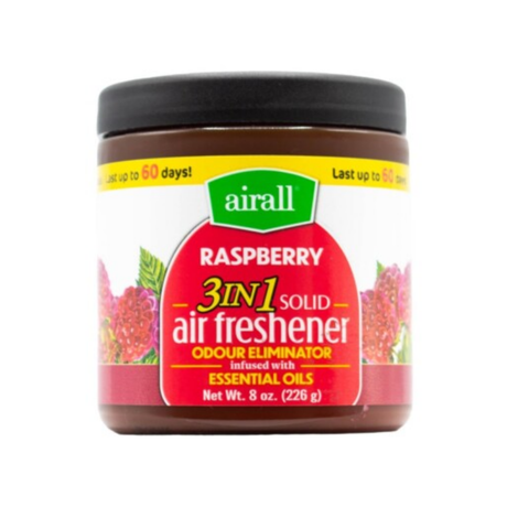 AIRALL 226g AIR FRESHENER SOLID 3 IN 1 ODOUR ELIMINATOR INFUSED WITH ESSENTIAL OILS RASPBERRY