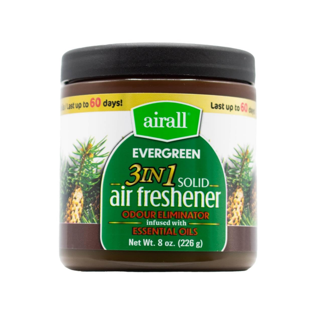 AIRALL 226g AIR FRESHENER SOLID 3 IN 1 ODOUR ELIMINATOR INFUSED WITH ESSENTIAL OILS EVERGREEN