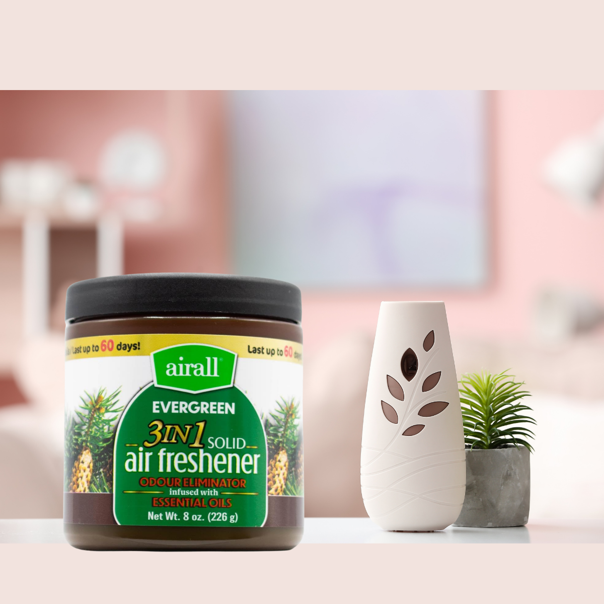 AIRALL 226g AIR FRESHENER SOLID 3 IN 1 ODOUR ELIMINATOR INFUSED WITH ESSENTIAL OILS EVERGREEN